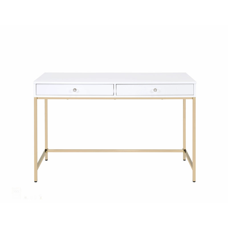 Élégant bureau à 2 tiroirs blanc brillant et doré avec esthétique moderne et beaucoup de rangement pour le bureau ou la chambre à coucher