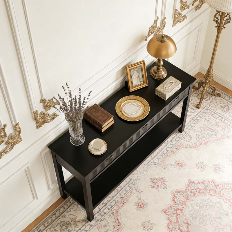 60'' Fir Veneer Entryway Table with Honeycomb-patterned Fronts,Modern Stylish Console Table, Black