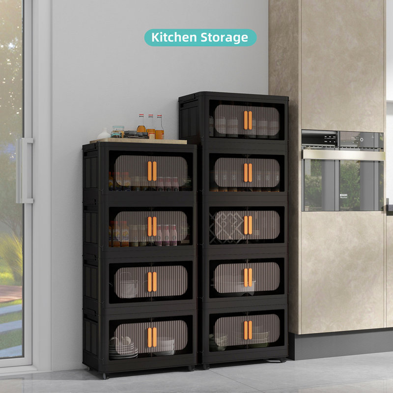 Black, 24" Side Wide Folding Storage Cabinet ,5 Tiers,23.62"×13.78"×59.84",Collapsible Storage Bins With Magnetic Door, Plastic Storage Cabinet With Wheels