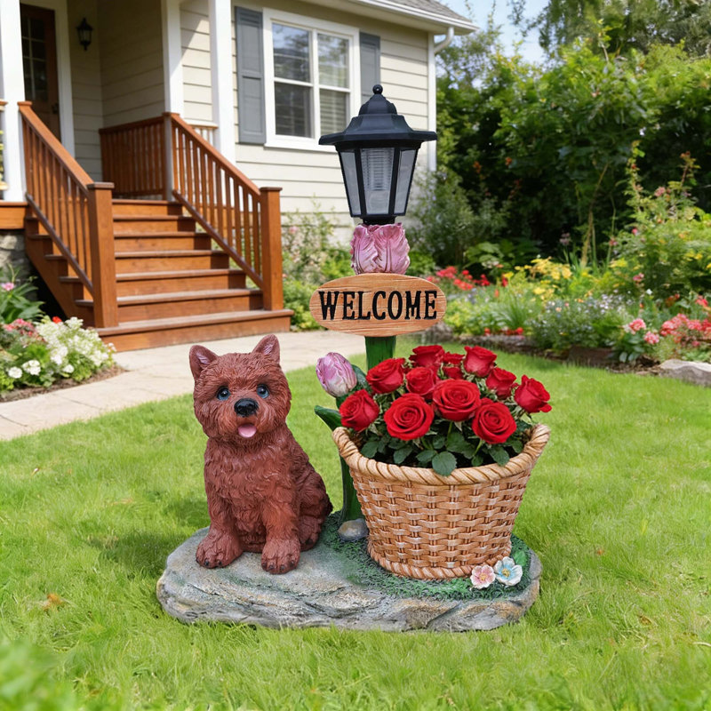 Statue d'extérieur de jardinière solaire chiot assis