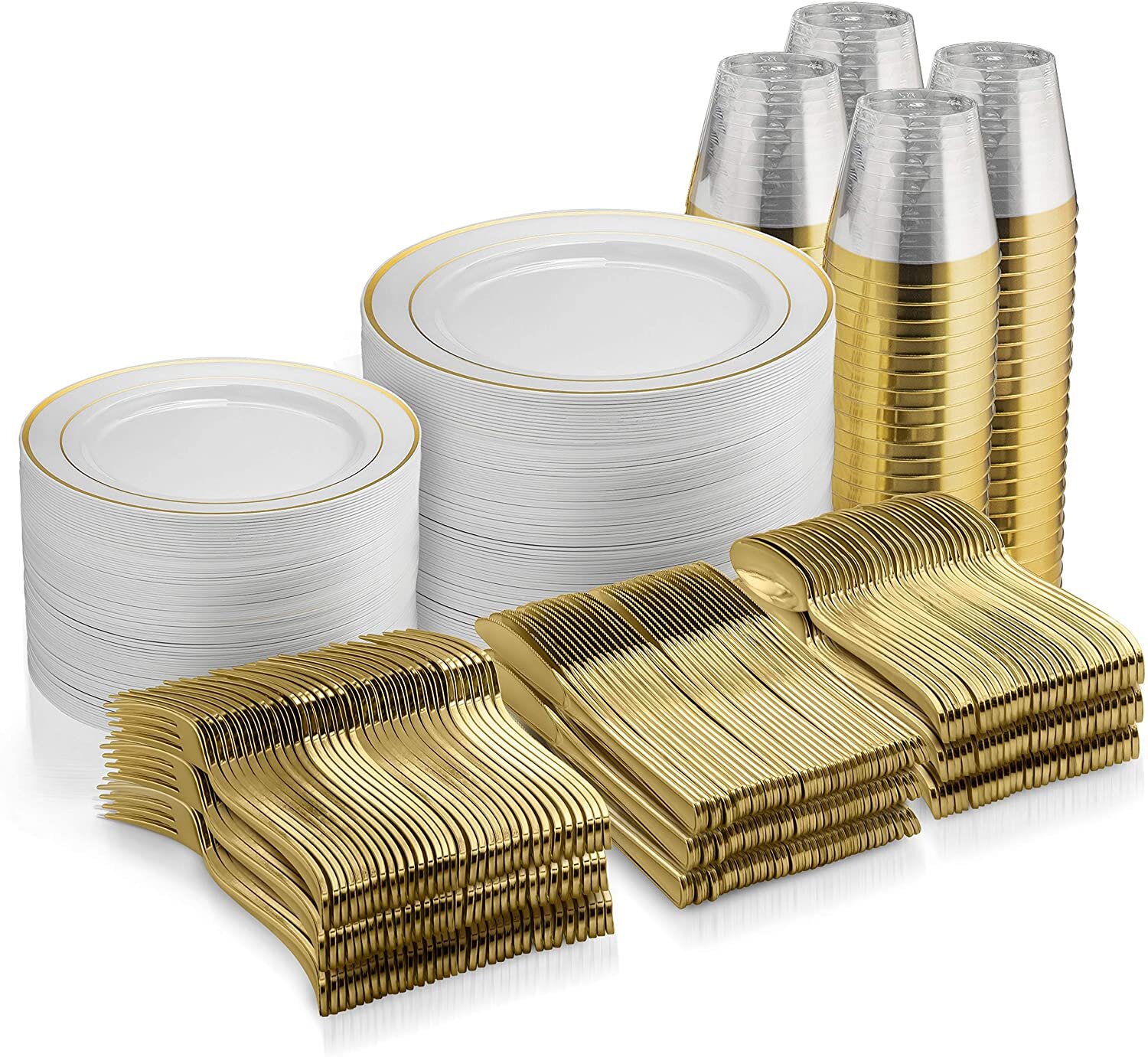 150 Pieces Gold Disposable Plates for 25 Guests, Plastic Party, Wedding,  Dinnerware Set of Dinner Plates, Salad Spoons, Forks, Knives, Cups