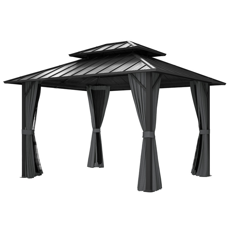 Double Roof Hardtop Metal Patio Gazebo with Curtains and Netting, 77.3"H x 122.4"W x 95.5"D, Grey, Grey