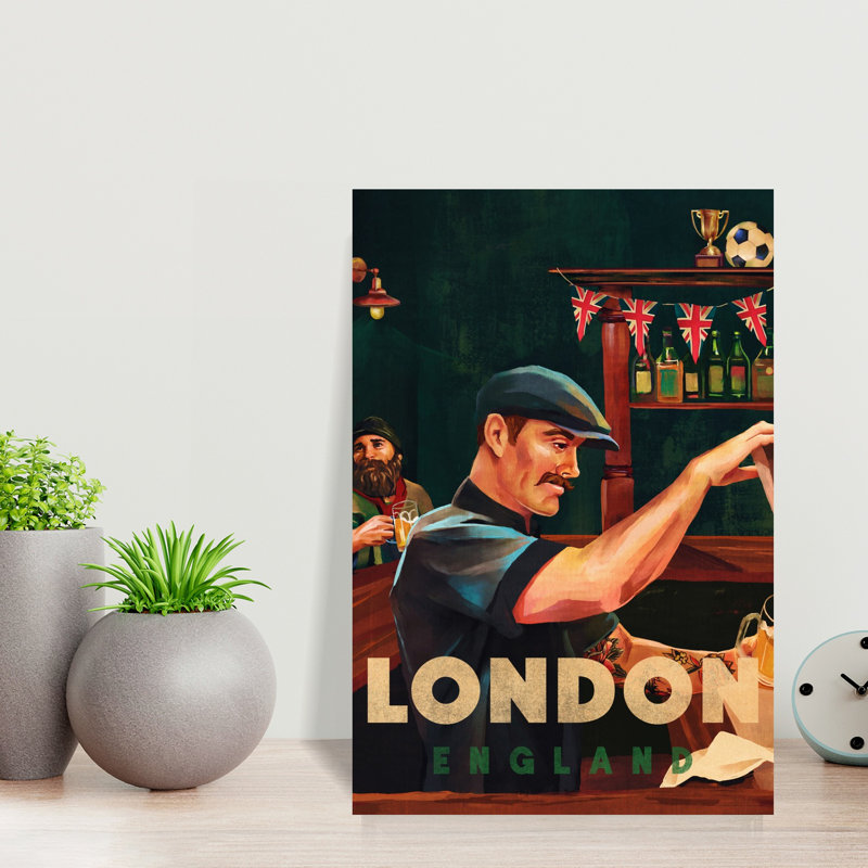 Londres, Angleterre, pub, barman, classique, rétro, art mural traditionnel, 18" H x 12" W