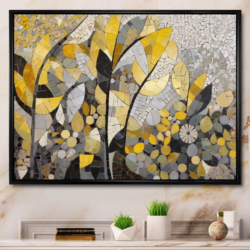 Begie, motifs jaunes et gris en fusion artistique - art mural mosaïque bohème, Reproduction avec cadre flottant, Noir