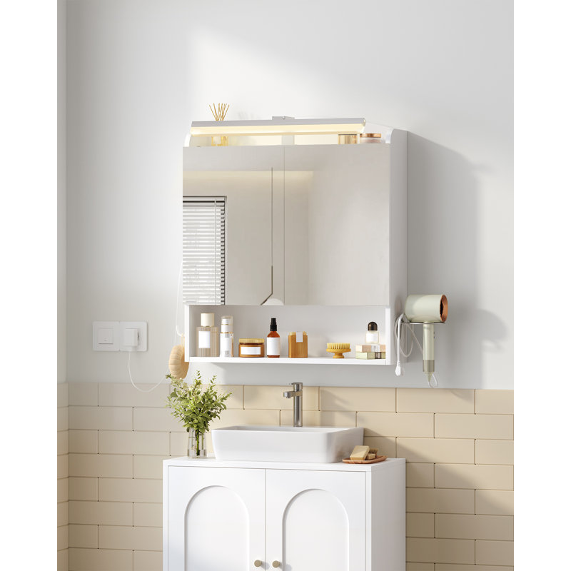 Bathroom Mirror Cabinet with LED Lights, Bathroom Wall Cabinet with Plug, Bathroom Cabinet, 2 Doors and Open Storage, Adjustable Shelf, Hair Dryer Holder and Hooks, Modern