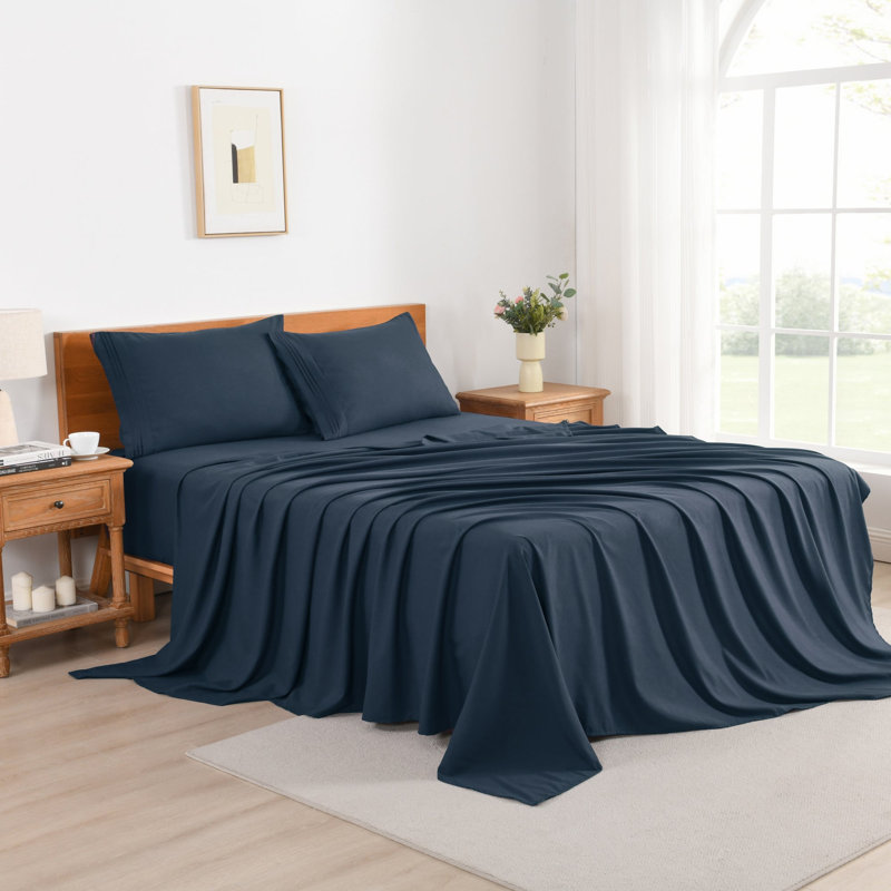 3/4 Pcs Soft Solid & Embroidery Bed Sheets Set, Navy, King