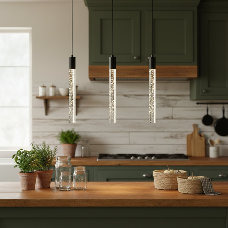 Solem 1-Light Modern Pendant Kitchen Island Crystal LED Light Cylinder Style, Black