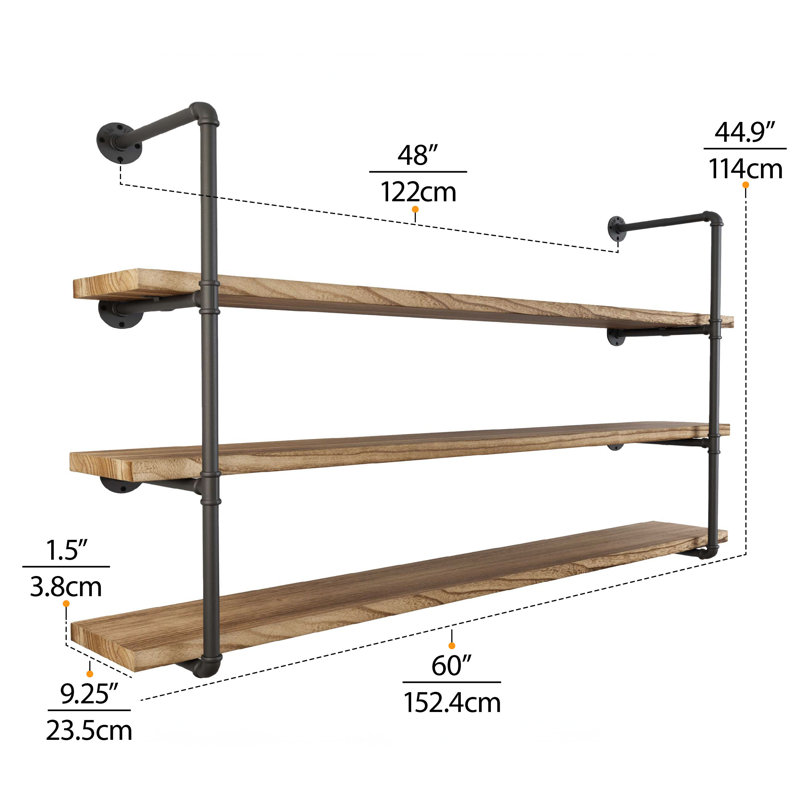 60"x 9.25" Industrial Bookshelf, Long Floating Shelves, Pipe Shelving, Wood Shelf for Wall, 3-Tier, 3pcs Solid Wood Boards Included
