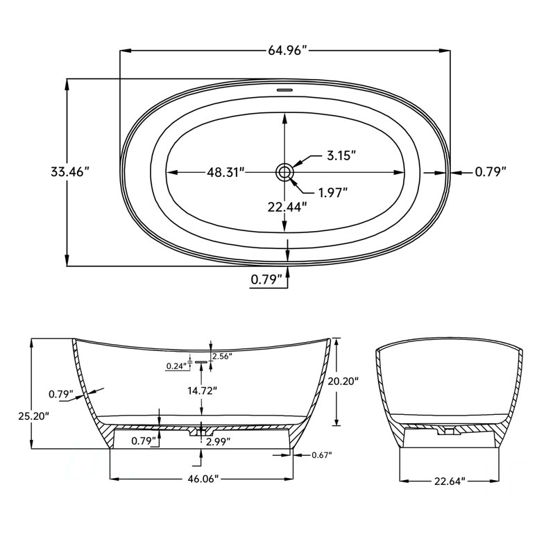 Baignoire de trempage à surface solide de 65 pouces - Baignoire profonde autoportante