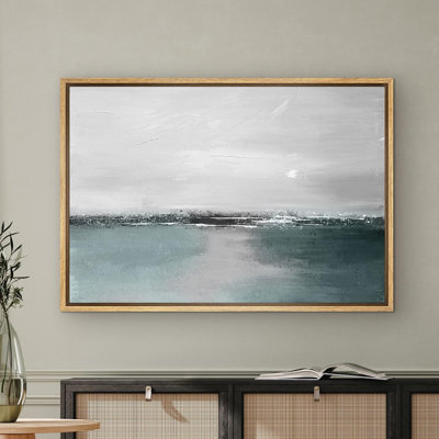 Minimal Landscape " IDEA4WALL Framed Canvas Print Wall Art Teal Black Gray Grunge Ocean Landscape Abstract Shapes Illustrations Modern Art Decorative Elements Colorful For Living Room, Bedroom, Office "