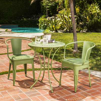 Ensemble bistro extérieur 3 pièces en métal, fini fer, couleur eau, dimensions : 75 cm x 61 cm x 61 cm, poids : 15,5 kg.