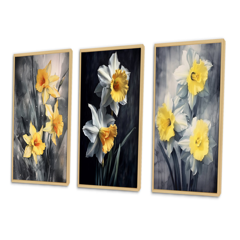 «Yellow Gray Natures Daffodils Impression», 3 pièces sur toile, Cadre naturel flottant, H 40 po x l 60 po