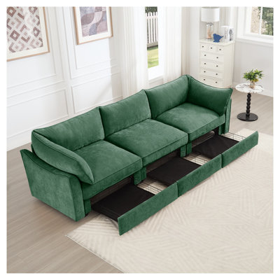 Canapé 3 places en chenille avec tiroirs de rangement sous le siège, grand canapé profond pour le salon, mobilier rembourré vert moderne