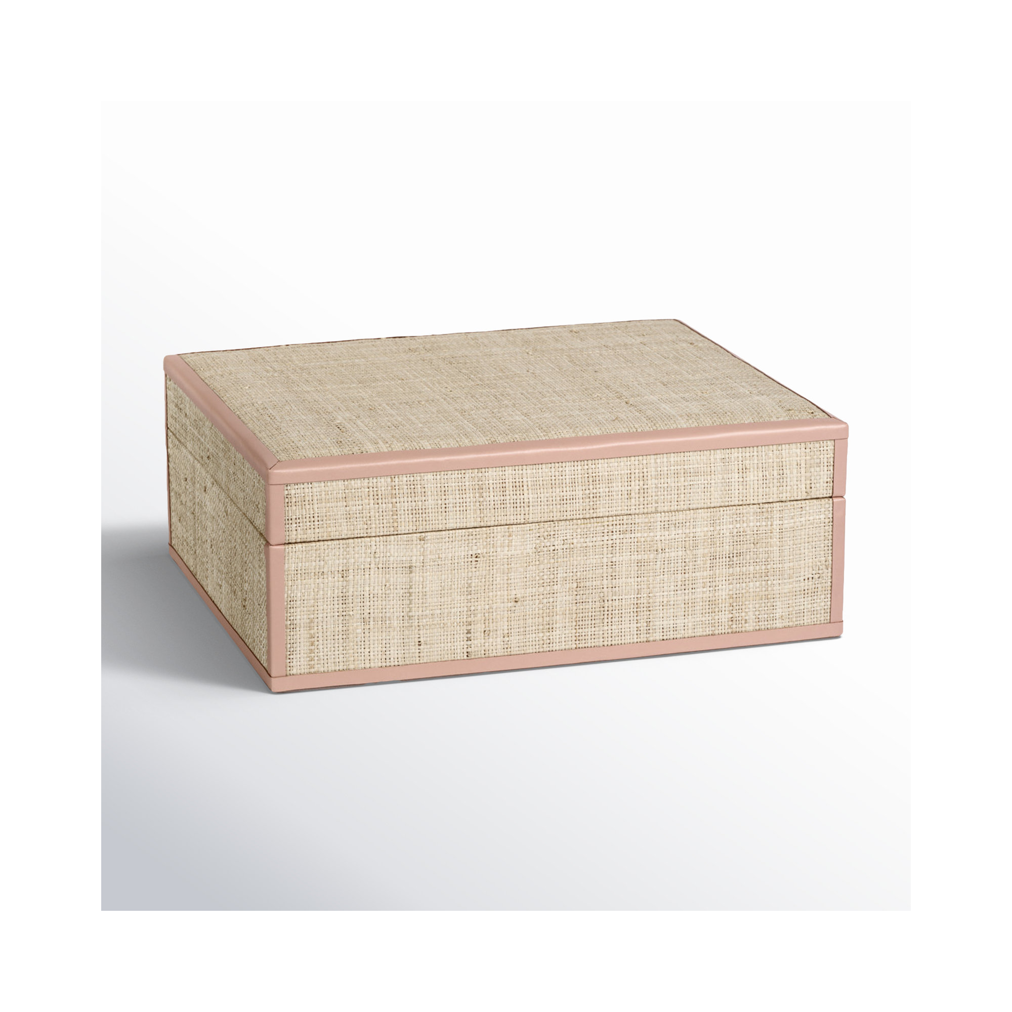 Hadaway Handmade Raffia/ Cow Leather Trim Decorative Box, 4.5" H x 12.5" W x 10" D, Pink/Natural