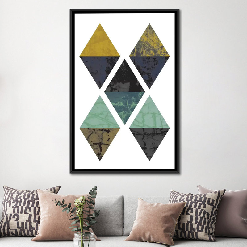 « diamants grunge », impression sur toile tendue, H 26 po x l 18 po x P 1,5 po, Toile avec cadre noir, Pas de tapis