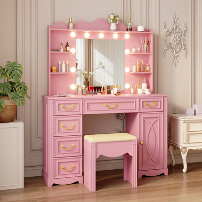 Makeup Vanity with 3-color Lighting Mirror, Outlets, Stool, Storage Drawers and Cabinet