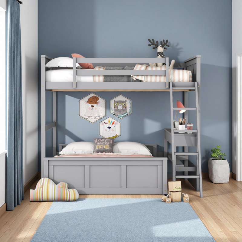 Lit superposé avec bureau, Gris, Lit superposé double sur double