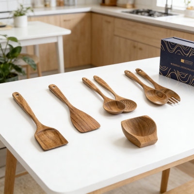 Acacia Wooden Cooking Utensil Set With Spoon Rest - 6 Piece Nonstick Wooden Spoons And Spatulas For Everyday Kitchen Use