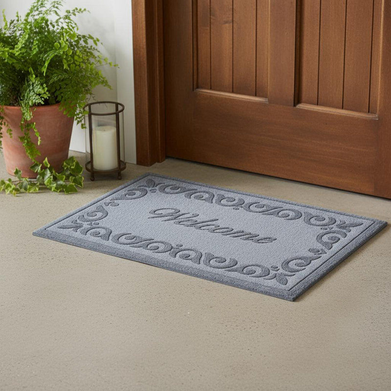 Tapis de porte d'extérieur en polypropylène gris à bordure à volutes, 45,7 cm x 76,2 cm (18 po x 30 po).