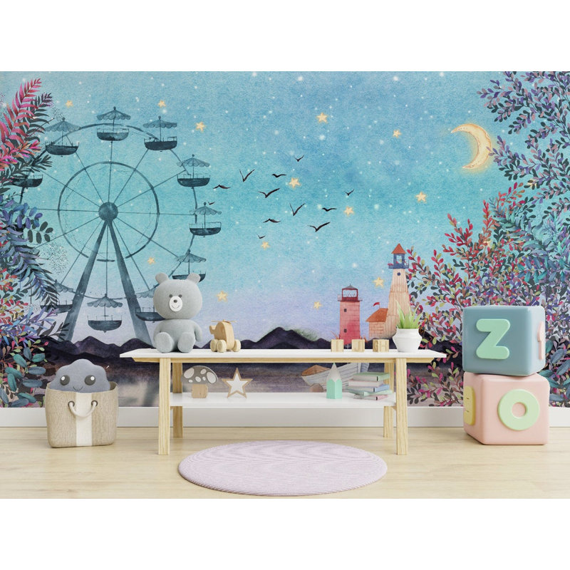 Papier peint amovible avec roue colorée et ciel étoilé, Bleu, L 105,96 po x l 187 po