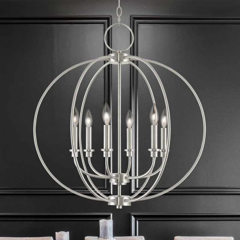 6 - Light Candle Style Globe Chandelier, Brushed Nickel