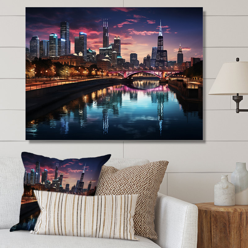 «Chicago Cityscape By Night IV», reproduction sur toile, H 12 po x l 20 po x P 1 po, Toile tendue