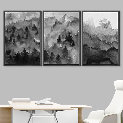 «Woodland Forest Landscape Dark Mountain Forest», peinture sur toile 3 pièces