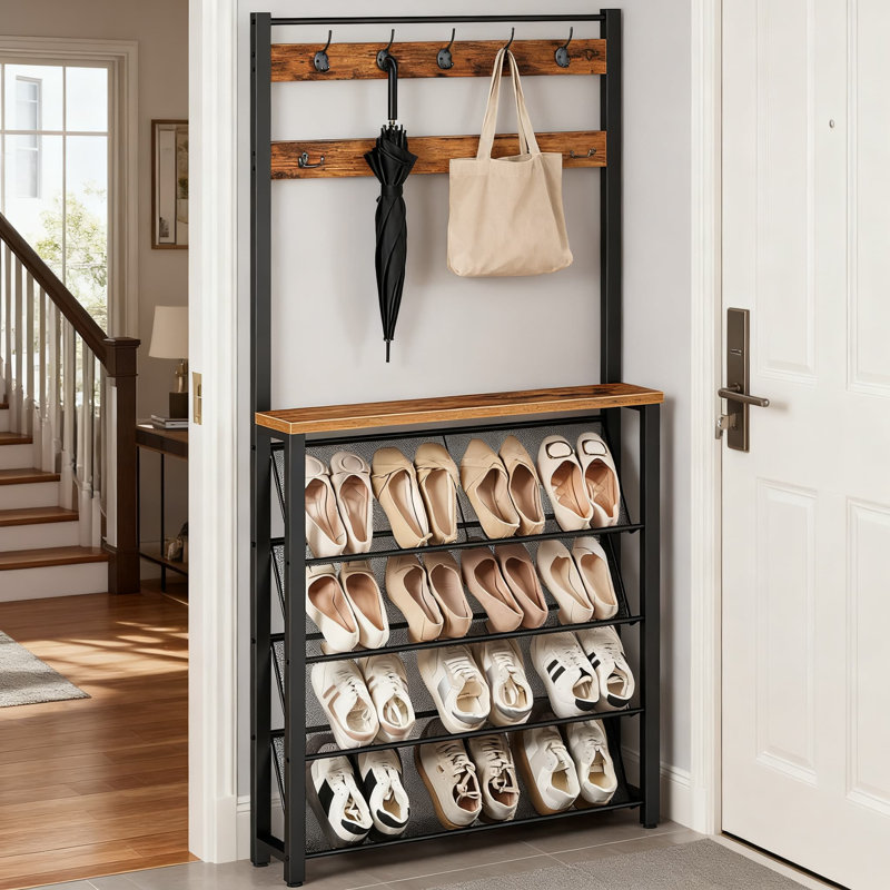 Meuble d'entrée mince avec banc, range-chaussures à 5 niveaux et porte-manteau pour rangement pour petits espaces, design brun rustique industriel