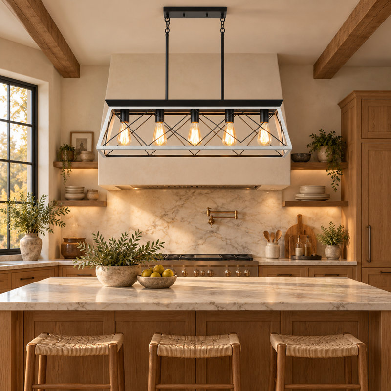 Lustre 5 lumières pour îlot de cuisine linéaire avec finition blanche