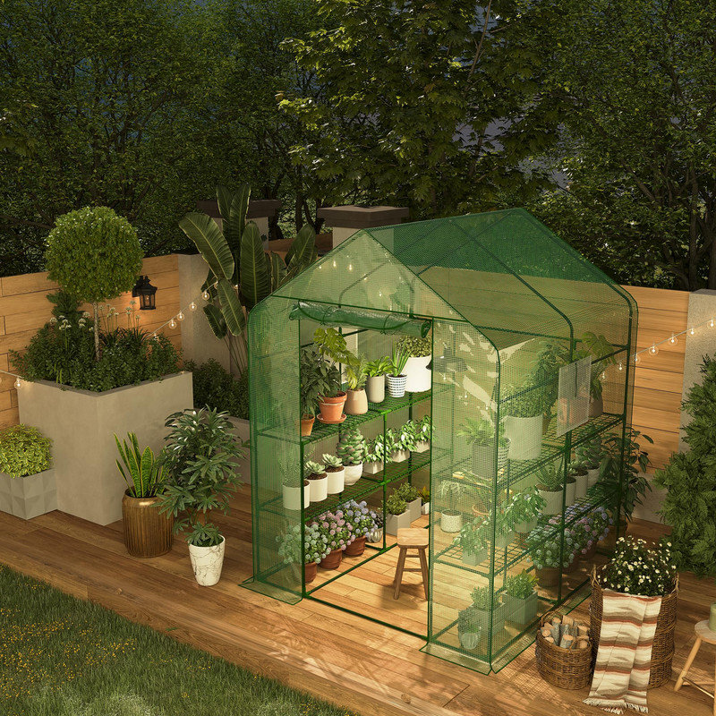 Walk-in Portable Greenhouse with 12 Shelves, 4-Tier Outdoor Planthouse, PE Cover with Roll-up Door, Weatherproof Grow Tent for Backyard Patio Garden
