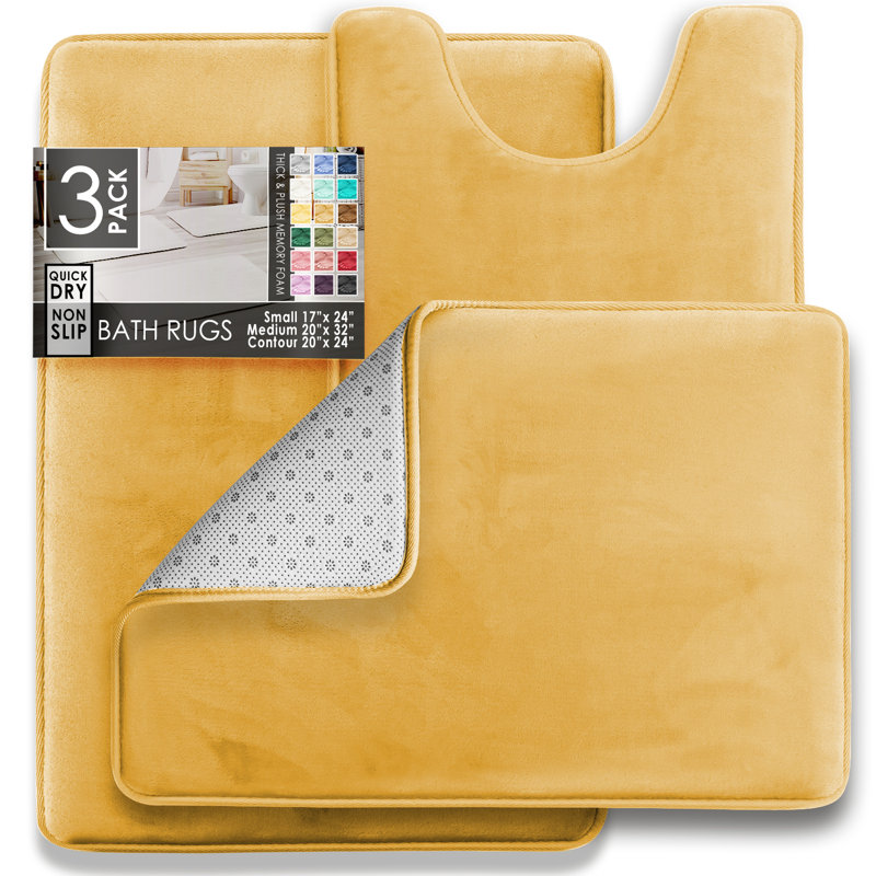 Custard Yellow Microfiber Memory Foam 3-Piece Bath Rug Set