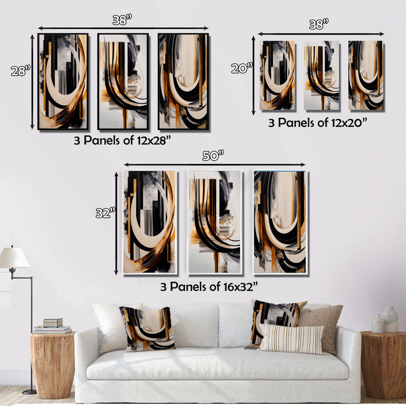 Gold Touch Art Deco - ensemble d'art moderne de 3 pièces, H 20 po x l 36 po, Toile tendue