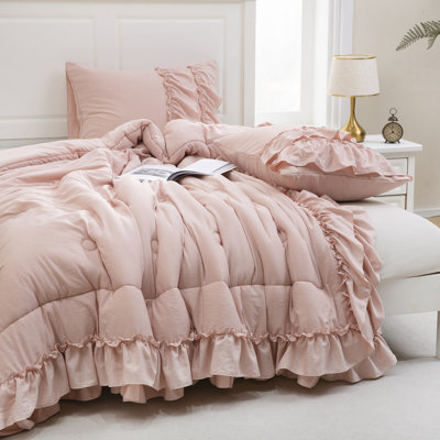 Boho Comfrter Set Queen Size 3-Piece Beige Bedding Set Comforter 2 Layers Ruffles Home Decor Farmhouse Quilt Set Ultra Soft Microfiber White Cream Bohemian Bed Set for Girls Women