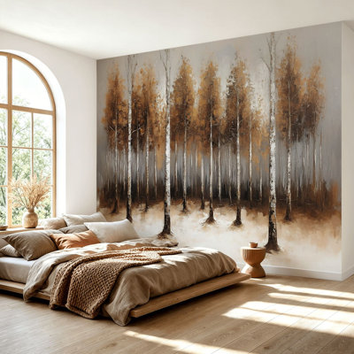 Wall Mural Peel and Stick Wallpaper Modern Abstract Neutral Birch Trees Autumn Leaves Forest Bark Details Self-Adhesive Removable Contact Paper Wall Decor for Living Room Bedroom 69"H x 96"W