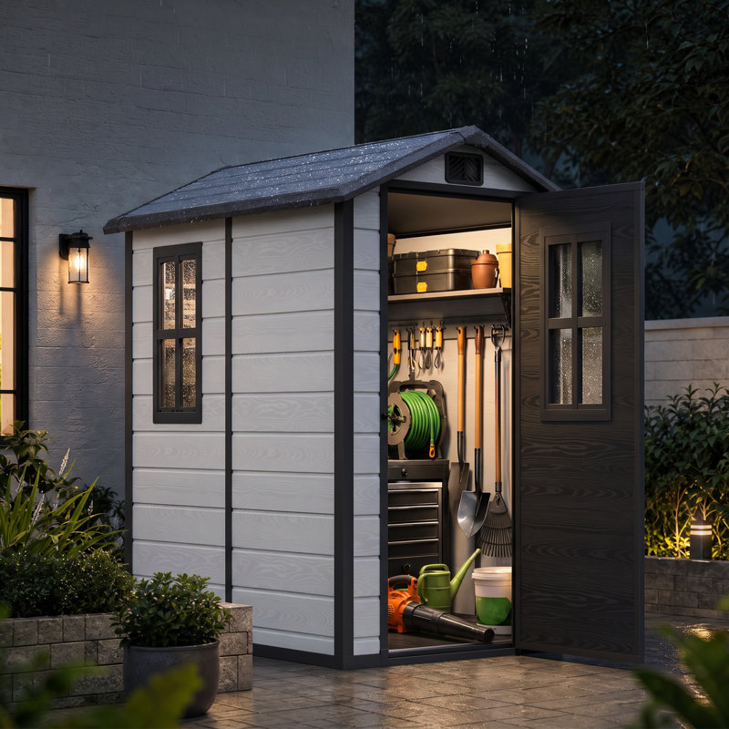 Remise de rangement d'extérieur en résine 4,4 pi x 6,2 pi avec plancher et évents Edrosie Inc, Black and Grey
