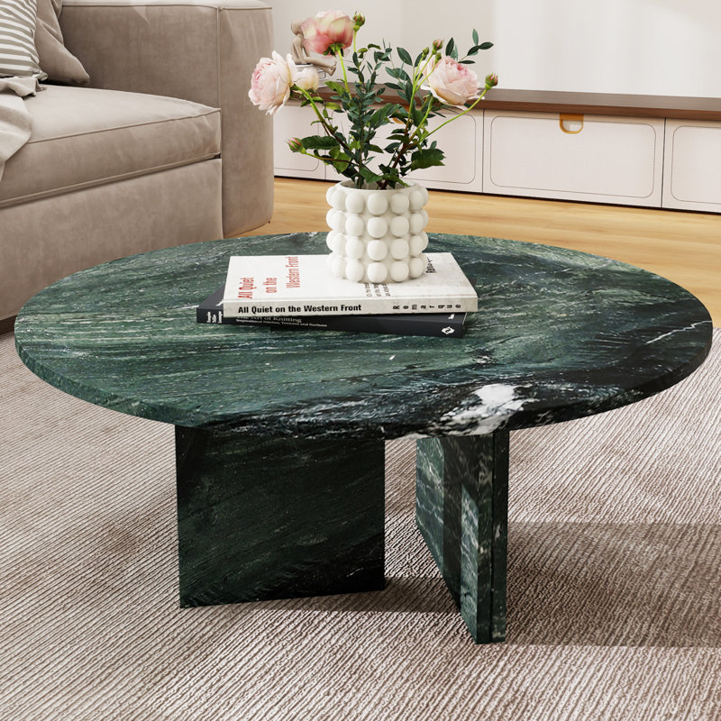 Natural Marble Coffee Table Green, Modern Real Marble Coffee Table 27.6'',Round Center Table For Living Room,Home Decor