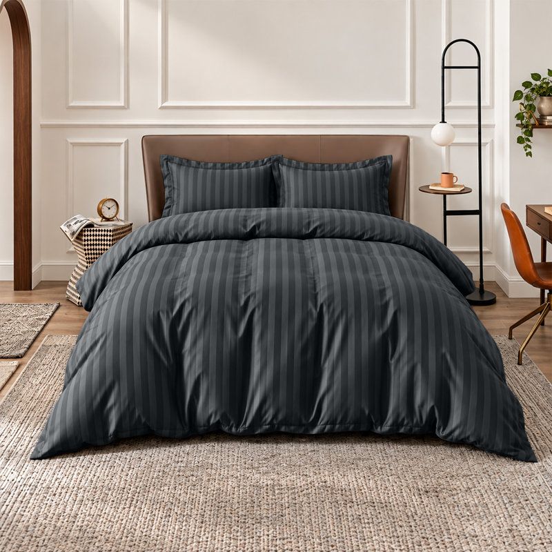 Microfiber Striped Duvet Cover Set with Pillowcases Included, Double Duvet Cover Set + 2 Pillowcases, Charcoal