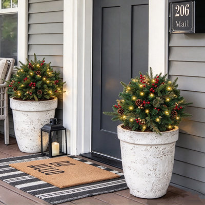 2 Pack Pre-lit Christmas Tree with Ground Stake, 16" Tall Artificial Xmas Tree Urn Filler with pine needle branches, Pinecones, Red & Golden Berries and 30 LED Warm White Light
