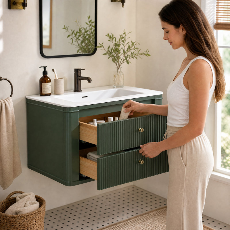 Meuble-lavabo mural flottant vert 30 po avec lavabo en bois d'hévéa massif avec tiroirs en queue d'aronde à fermeture en douceur