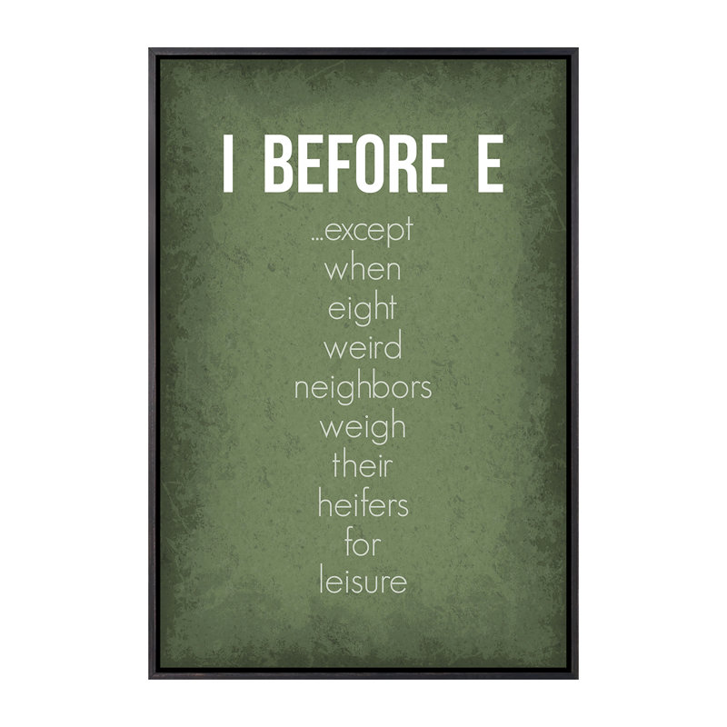 «Funny I Before E Exception», reproduction d'art textuel, Toile avec cadre noir patiné, Pas de tapis