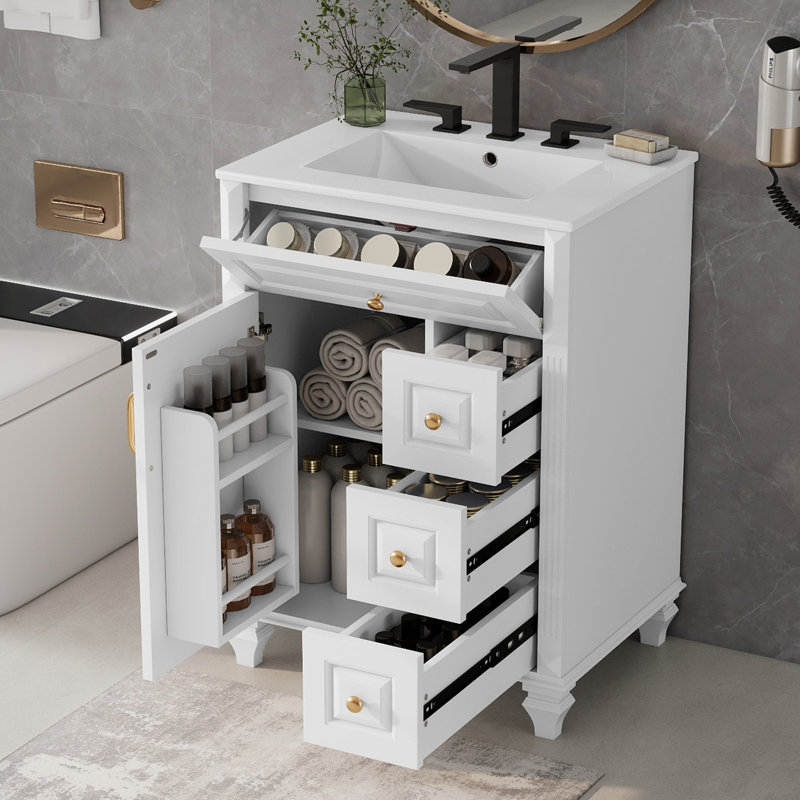 Meuble-lavabo de 24 po avec lavabo, meuble-lavabo avec tiroir rabattable, 3 tiroirs, 2 portes à fermeture en douceur, bois massif et panneau de fibres à densité moyenne, quincaillerie dorée élégante