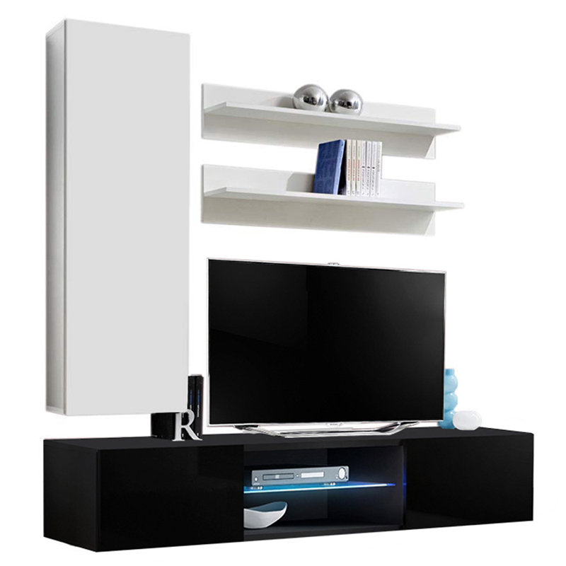 Leung 63" Modern Floating Wall Mounted Entertainment Center with 16-Color LED Lighting, High Gloss Finish, White/Black