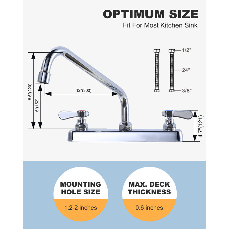 Robinet de lavabo de cuisine en laiton à fixation sur le comptoir avec bec pivotant de 12 po (conduites d'alimentation incluses)