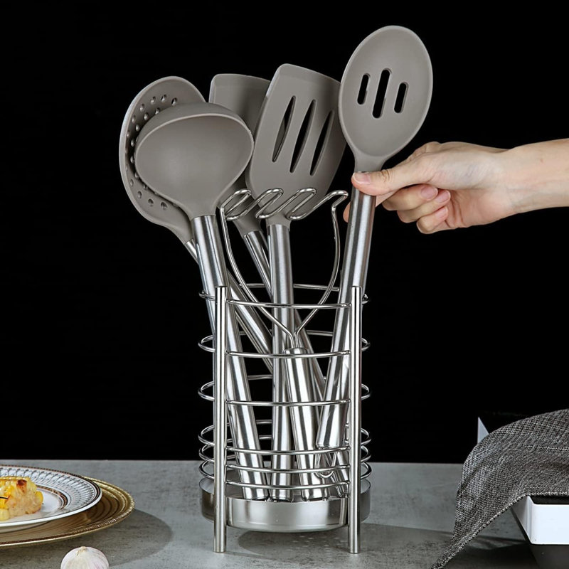 Ensemble d'ustensiles de cuisine 38 pièces en silicone avec poignées en acier inoxydable et support de rangement, ensemble d'outils de cuisine avec tasses à mesurer