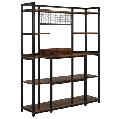 Large 55" Baker's Rack With Hutch – 5-Tier Industrial Kitchen Storage Shelf With Hooks & Microwave Stand, Rustic Brown Kitchen Hutch Cabinet Organizer With Metal Frame, Utility Pantry Rack