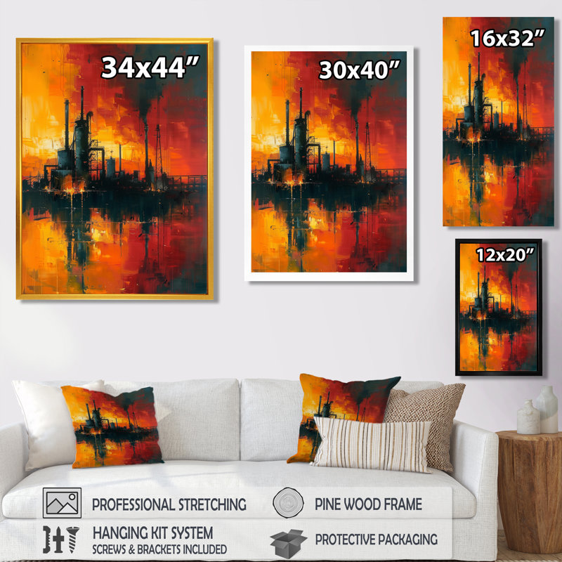 «Red Industrial Factory Polution II», impression d'art mural, Toile encadrée noire simple, H 44 po x l 34 po x P 1,5 po
