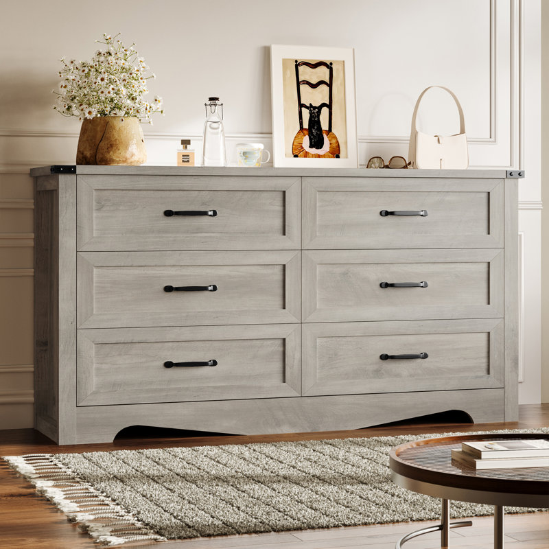 Extra-Wide 6-Drawer Dresser with Reinforced Frame, MDF Storage with Metal Handles & Anti-Tip for Bedroom Living Room Hallway