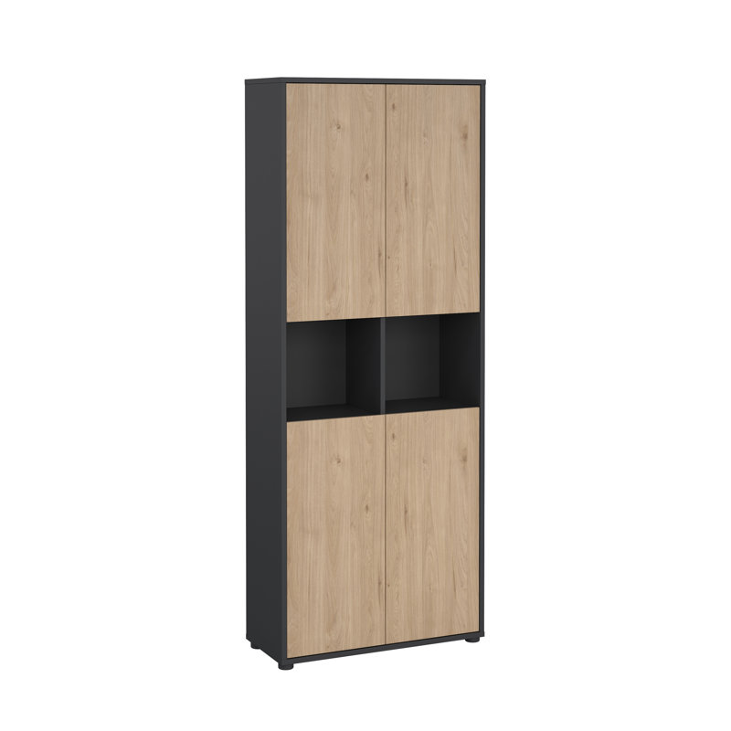 Embrie Rupertus 31.34"W x 80.59" W 6 Shelf Bookcase With 4 Doors, Home Office Storage, Natural/Matte Gray