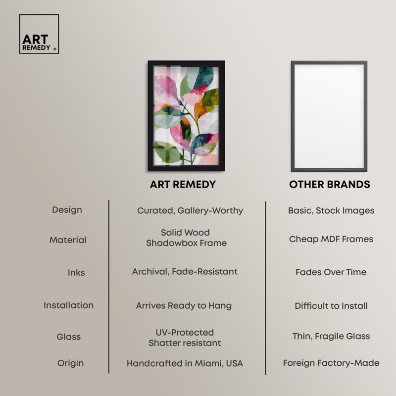 «Vibrant Leaves II Shadowbox Print», art mural palmier rose par Art Remedy, cadre noir, 31 x 46, H 46 po x l 31 po