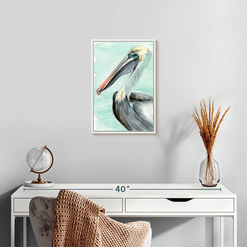 Pélican turquoise II, Cadre flottant blanc, 13" x 19"
